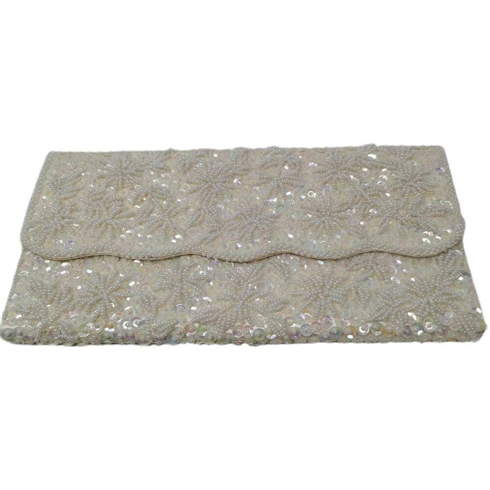 Vintage Iridescent Cream Hand Embellished Beaded Clutch | 1950s-1960s
